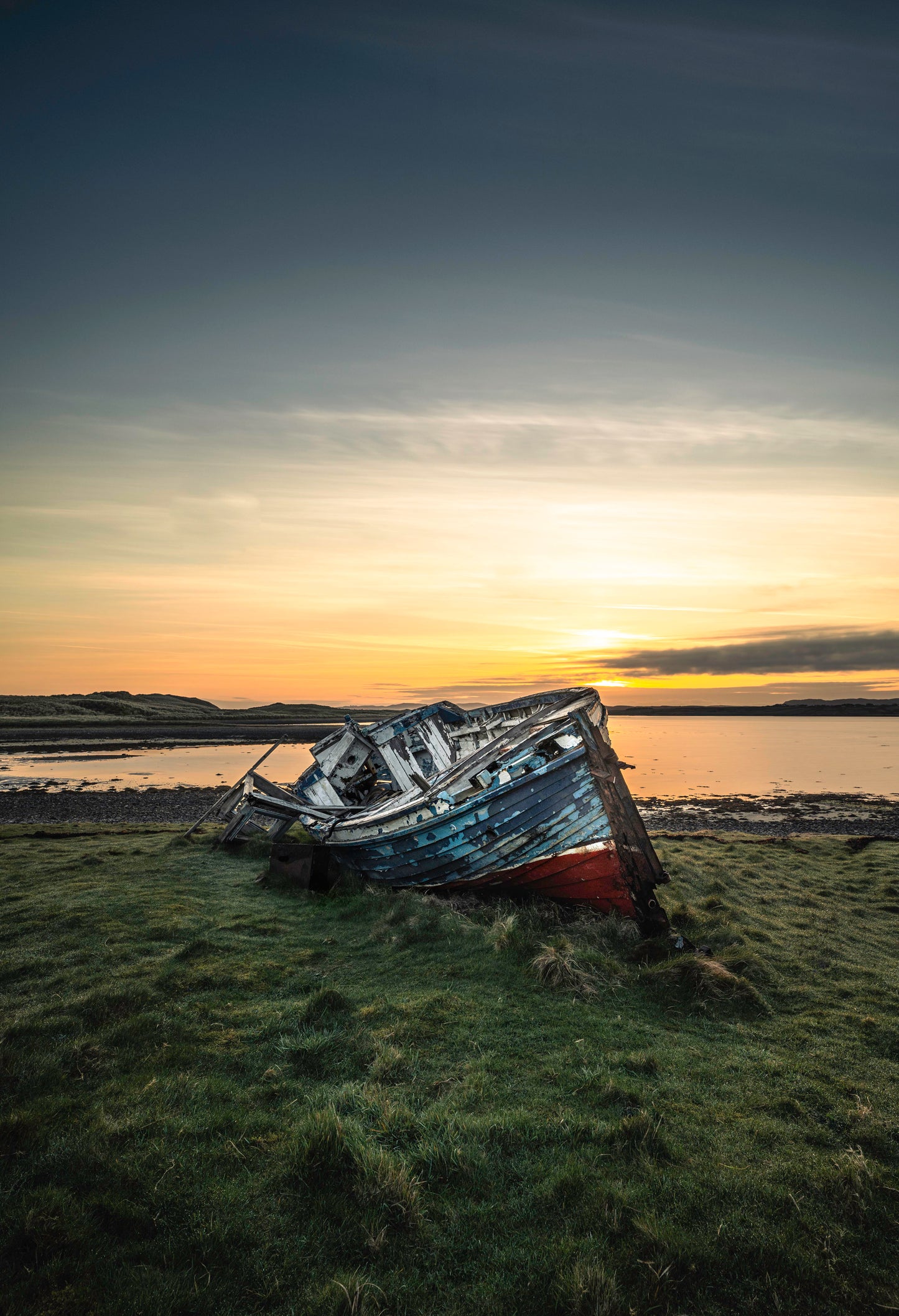 Ship wrecked fishing boats at Magheroarty beach, County Donegal Ireland