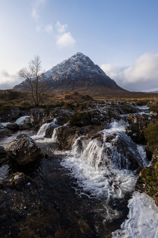 May include: A mountain landscape with a snow-covered peak and a stream flowing over rocks. The water cascades down, creating white foam. A bare tree stands on the left against a cloudy sky.